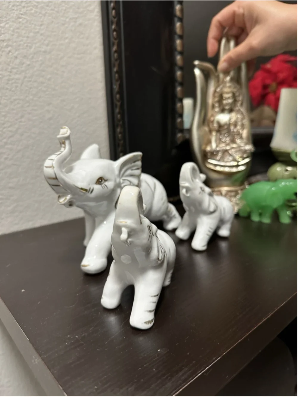 Set of 3 White Porcelain Elephant Figurines with Gold Accents - Figurine Set